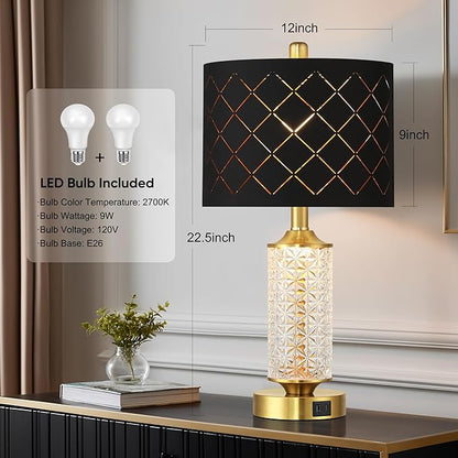 QiMH Set of 2 Table Lamps with USB A+C Ports, Black Grid Shade Modern Bedside Lamp with LED Night Light for Bedroom, Nightstand Lamps for Living Room Office, Gold(2 Bulbs Included)