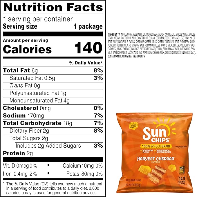 SunChips 100% Whole Grain Chips, Harvest Cheddar, 1 oz Bags, Pack of 40, No Artificial Flavors, No Colors from Artificial Sources
