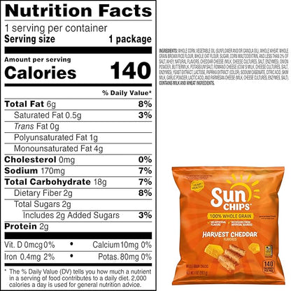 SunChips 100% Whole Grain Chips, Harvest Cheddar, 1 oz Bags, Pack of 40, No Artificial Flavors, No Colors from Artificial Sources