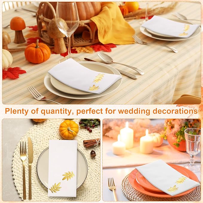 Janlaugh 100 Pcs Gold Thanksgiving Linen Disposable Bathroom Hand Towels Pumpkin Maple Leaves Foil Stamped Guest Napkins 12"x17" Paper Towels for Bathroom Home Lunch Dinner Kitchen(Leaf)