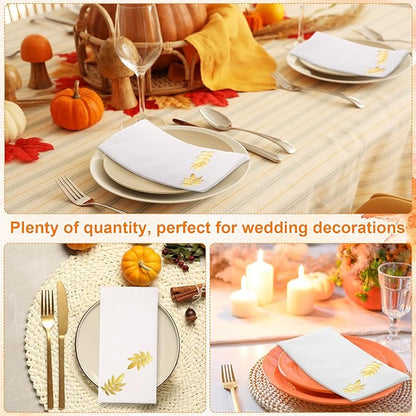 Janlaugh 100 Pcs Gold Thanksgiving Linen Disposable Bathroom Hand Towels Pumpkin Maple Leaves Foil Stamped Guest Napkins 12"x17" Paper Towels for Bathroom Home Lunch Dinner Kitchen(Leaf)