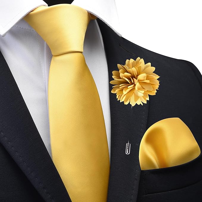 Branduce 3.15"（8cm） Pre-tied Adjustable Zipper Tie and Lapel Pin Solid Necktie Handkerchief Set for Men