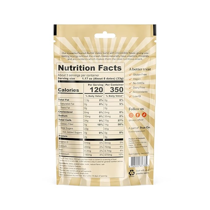 True Dates Candy Dates - Creamy Peanut Butter - Dates With Candy Flavor, Vegan, No Added Sugar, Gluten Free - 3.5oz Bags (4 Pack)