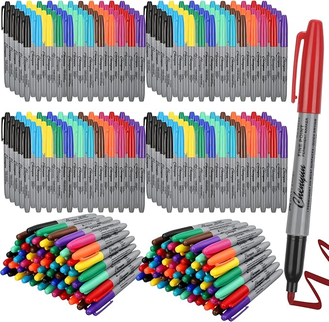 Teling 288 Pcs 12 Colors Permanent Markers Fine Colored Markers Assorted Colors Marker Pens Waterproof Works on Paper, Plastic, Wood, Metal and Glass for Adult Coloring Doodling