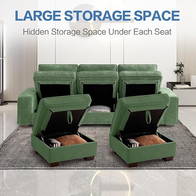 TEKAMON 100" Modular Sectional Sofa with Seats Storage, L Shaped Couch with Movable Ottoman, Chenille Fabric Couch for Living Room, Office, Apart W/Deep Seat, USB Charging,Removable Cover(Green)