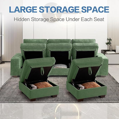 TEKAMON 100" Modular Sectional Sofa with Seats Storage, U Shaped Couch with Movable Ottomans, Chenille Fabric Couch for Living Room, USB Port, Removable Cover(Green, 3 Seater & 2 Ottomans- U Shape)