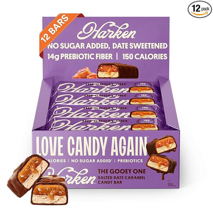 Harken Sweets The Gooey One, Oat Milk Chocolate Candy Bars with Date Caramel, Sweetened with Dates and No Sugar Added, High Fiber, Nut-Free, Gluten-Free, Plant-Based, 12 Bars