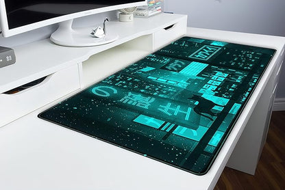 Cyan Green Japanese Desk Mat, Neon Tokyo Extended Mouse Pad Anime Cat Desk Pad, Gaming Mousepad XXL, Large Keyboard Mat for Gamers, Cool Computer Mat for Desk with Stitched Edges 31.5X15.7 in