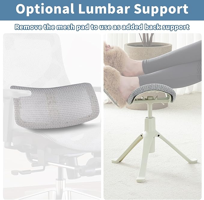 Under Desk Footrest, 2-in-1 Height Adjustable Rotatable Ergonomic Under Desk Foot Rest Ottoman, Rolling Leg Rest Stool with Breathable Mesh and Nylon Frame for Home Office