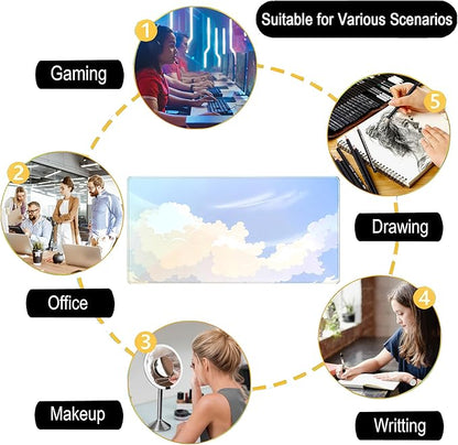 Blue Cloud XXL Large Extended Gaming Mouse Pad Computer Mat Aesthetics Mousepad, Office Decor Desk Pad, Laptop Keyboard and Mouse Mat, Non-Slip Desk Matt with Stitched Edge, 31.5''x15.7''