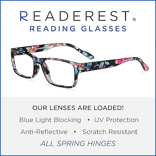 Readerest 2.25 Blue Light Reading Glasses - Lightweight Computer Glasses - Eye Strain, UV Glare Protection (Floral)
