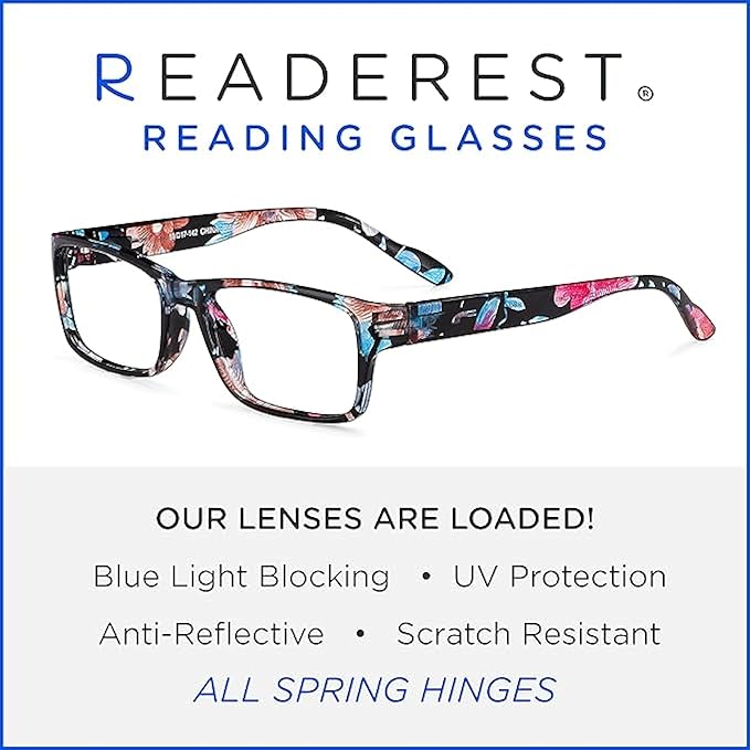 Readerest 2.5 Blue Light Reading Glasses - Lightweight Computer Glasses - Eye Strain, UV Glare Protection (Floral)