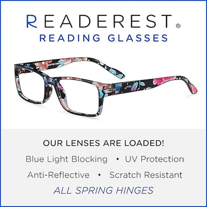 Readerest 2.5 Blue Light Reading Glasses - Lightweight Computer Glasses - Eye Strain, UV Glare Protection (Floral)