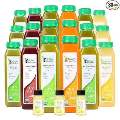 RAW Fountain 5 Day Juice Cleanse, Certified USDA Organic, All Natural Raw Detox Cleanse, Juicing for Body Reset, Cold Pressed Juice Fast, 5 Ginger Shots