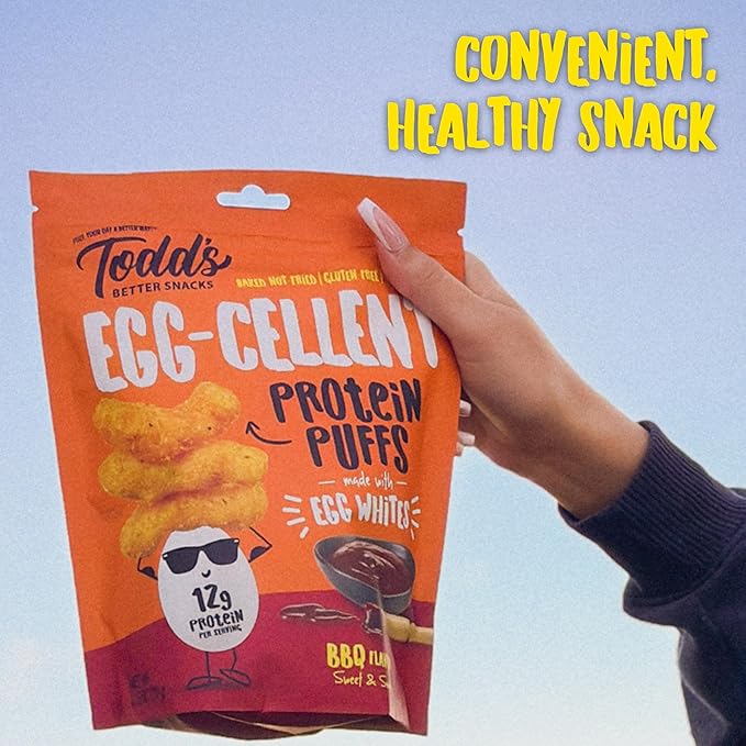 Todd's Better Snacks Egg-Cellent Protein Puffs, Sweet & Smoky BBQ – 12g Protein, Gluten-Free, Paleo-Friendly, Baked, GLP-1 Compliant – Healthy Snack, Made with Egg Whites – 1.2 Oz (Pack of 10)