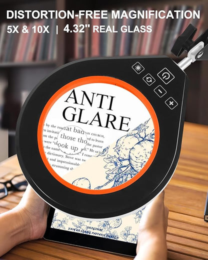 10X & 5X Magnifying Glass with Light, Ultra Long Swing Arm, 5 Colors & 10 Brightness, Real Glass Lens Large Magnifying Lamp for Craft Painting Workbench Jewelry Making Hobby Close Work (Orange)