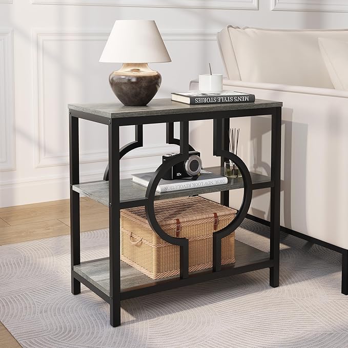 End Table, Narrow Side Table with 3-Tier Storage Shelves, Wood Sofa Side Table with Geometric Metal Frame for Living Room, Industrial Bedside Nightstand for Bedroom (1, Rustic Gray)
