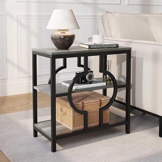 End Table, Narrow Side Table with 3-Tier Storage Shelves, Wood Sofa Side Table with Geometric Metal Frame for Living Room, Industrial Bedside Nightstand for Bedroom (1, Rustic Gray)