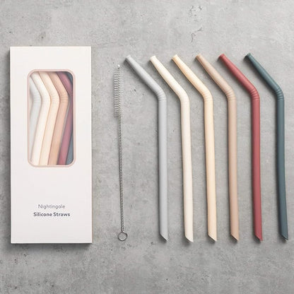 Nightingale Reusable Silicone Straws - Bendy Drinking Straw with Cleaning Brush - Collapsible and Bendable Travel Straw for Kids - Dishwasher Safe, Food-Safe - Set of 6 (Oak Multi)