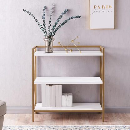 Leick Home Claudette Bookshelf, White Wood, Satin Gold, 3 Shelves, Easy Assembly, 12 in D x 32 in W x 32.25 in H, Item 9261-WTGL