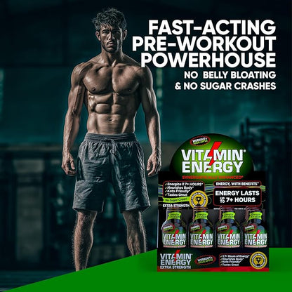 Vitamin Energy Workout+ Extra Strength Energy Shot Sour Apple 8 Pack, 260mg Natural Caffeine, Pre-Workout, B-Vitamins, Minerals, Endurance & Performance, Zero Sugar, Gluten-Free, Vegan, 1.93 fl oz