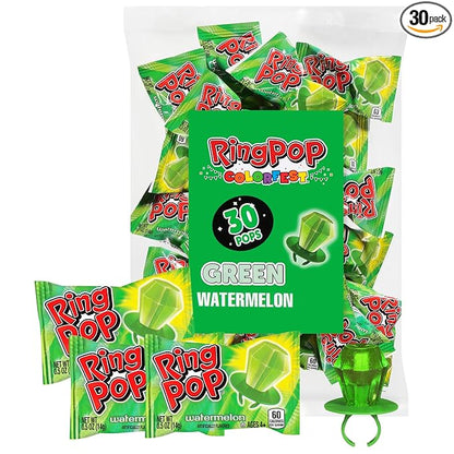 Ring Pop Green Halloween Candy Lollipops, 30Ct Bulk Candy Individually Wrapped in Green Watermelon Flavor, Full Size, Fun Hard Candy For Trick or Treat, Halloween Bowls, Gifts, Party Favors for Kids