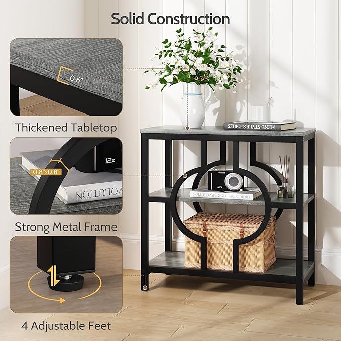 End Table, Narrow Side Table with 3-Tier Storage Shelves, Wood Sofa Side Table with Geometric Metal Frame for Living Room, Industrial Bedside Nightstand for Bedroom (1, Rustic Gray)