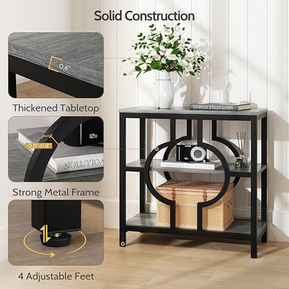 End Table, Narrow Side Table with 3-Tier Storage Shelves, Wood Sofa Side Table with Geometric Metal Frame for Living Room, Industrial Bedside Nightstand for Bedroom (1, Rustic Gray)