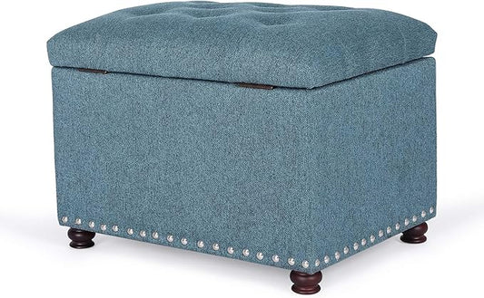 Adeco Rectangular Storage Ottoman Foot Rest Stool, Fabric Button Tufted Storage Ottoman with Hinged Lid (Cyan)
