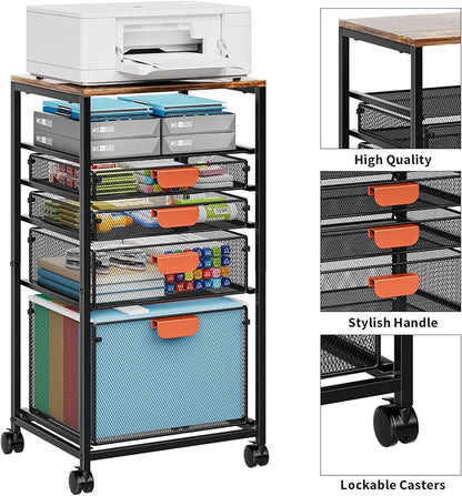 Marbrasse Rolling File Cart with 4 Storage Drawers, Mobile File Cabinet on Lockable Wheels, Hanging Filing Cabinet Organize, Under Desk Utility Cart for Home Office - Dark Brown