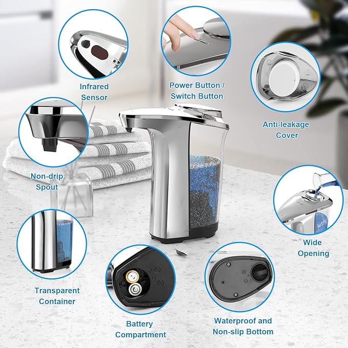Automatic Soap Dispenser, Touchless Dish Soap Dispenser 17oz/500ml with Upgraded Infrared Sensor, 5 Adjustable Soap Dispensing Levels, Liquid Hand Dispenser for Bathroom (Silver Set)