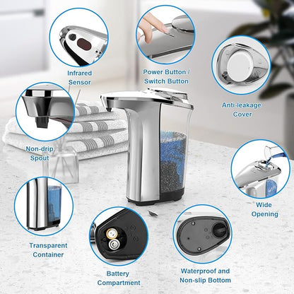 Automatic Soap Dispenser, Touchless Dish Soap Dispenser 17oz/500ml with Upgraded Infrared Sensor, 5 Adjustable Soap Dispensing Levels, Liquid Hand Dispenser for Bathroom (Silver Set)