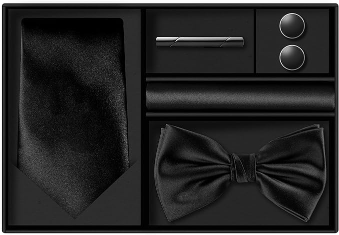 TIE G 5pcs Tie Set in WHITE OR BLACK GIFT BOX: Solid Color Necktie, Satin Bow Tie, Pocket Square, Lapel, Cuff Links