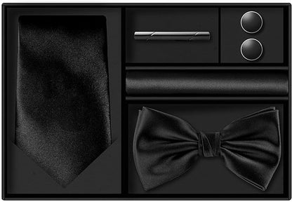 TIE G 5pcs Tie Set in WHITE OR BLACK GIFT BOX: Solid Color Necktie, Satin Bow Tie, Pocket Square, Lapel, Cuff Links