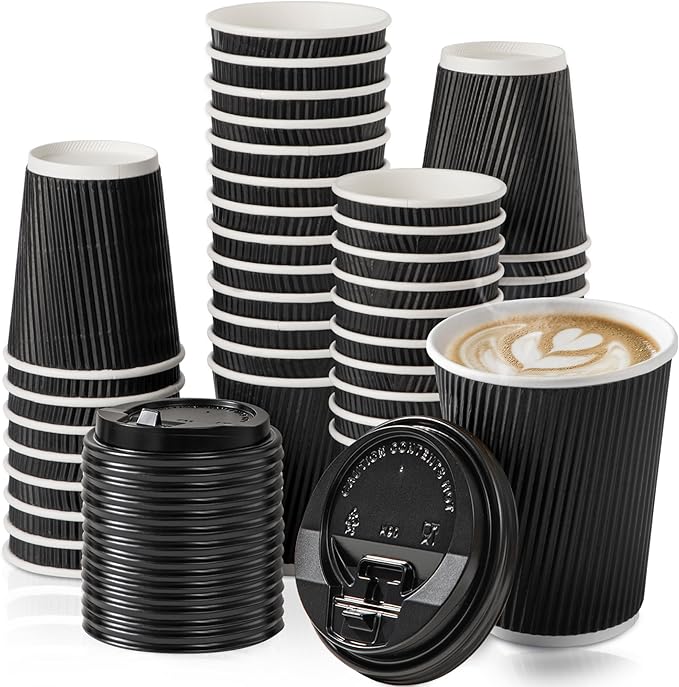 Fit Meal Prep 50 Pack 12 oz Black Disposable Coffee Cups with Lids & Stirrers, Corrugated Triple Wall To Go Hot Cups, Insulated Paper Coffee Cups for Hot Beverages, Travel, Home, Office (Black Lids)
