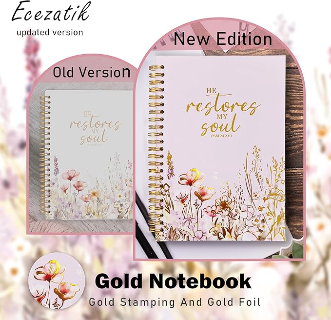 Christian Women's Notebook With Gold Foil, Christian Art Gift Diary, Women's Prayer Diary, Exquisite Bible Notebook, Psalm 23:3 "He Restores My Soul, 5.5 X 8.3