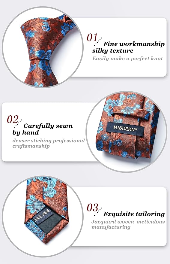 HISDERN Men Floral Ties Woven Classic 3.4" Necktie Set Formal Tie Pocket Square for Wedding with Handkerchief Gift Box