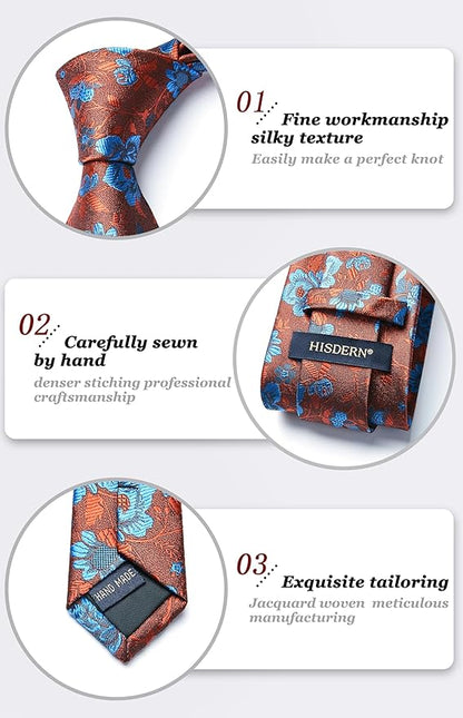 HISDERN Men Floral Ties Woven Classic 3.4" Necktie Set Formal Tie Pocket Square for Wedding with Handkerchief Gift Box