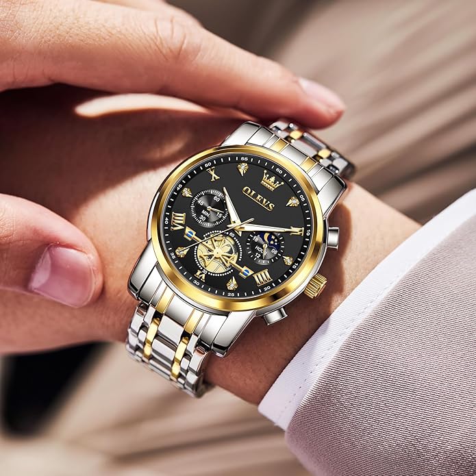 OLEVS Men Watches Stainless Steel Chronograph Watch, Large Wrist Analog Quartz Watch, Fashion Waterproof Diamond Roman Numerals Dress Watches for Men, Gold/Black/White/Blue/Grey Dial