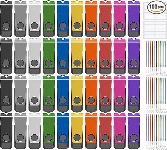 AGECASH Thumb Drive 1GB USB Flash Drive 100 Pack, Bulk USB 2.0 Flash Drives Pack of 100 Jump Drive Multipack 1GB Memory Stick with Lanyard and Label (Multicolor, 1 GB)