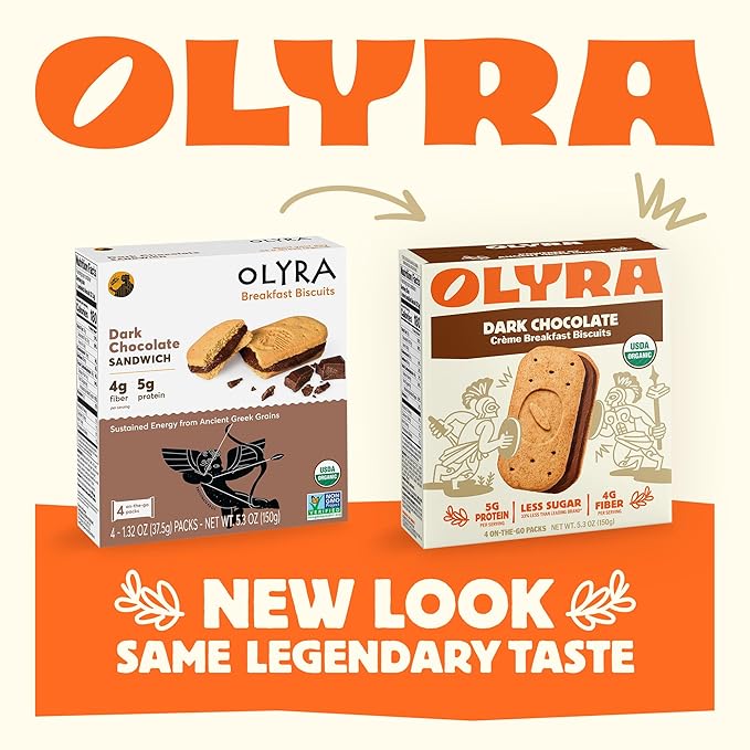 Olyra Dark Chocolate Sandwich Breakfast Biscuits, Healthy Snacks for Kids and Adults, Low Sugar, High Fiber Cookies, Organic Kids Snacks, with Ancient Greek Grains, USDA Certified Organic, Non GMO, 12 Packs
