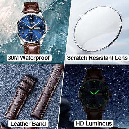 Men's Watch Big Face Easy Read Arabic Numeral Dress Watches for Men Classic Black Brown Leather Band Analog Mens Wrist Watch with Day and Date Fashion Business Waterproof Luminous Quartz Watch