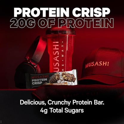 MUSASHI Protein Crisp Bar, 20g Protein, 4g Total Sugars, Chocolate Brownie, Post Workout and Snack On The Go, 12 Pack of 2.1oz (60g) Bars