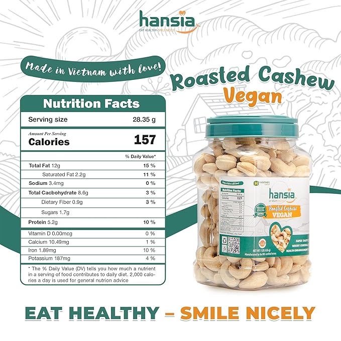 Hansia Roasted Cashew VEGAN, Dry Roasted Unsalted Superfood, Fresh, Healthy, Low Sodium Snacks, Rich of Protein & Natural Fiber, Protein, Vitamin and Iron (Roasted Cashew, 1 Pound (Pack of 1))