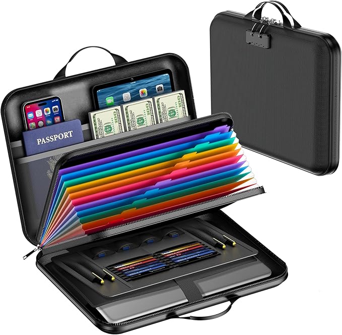 Fireproof Document Box with Lock, Waterproof Hard-Shell File Organizer with 13-Pocket Accordion Folder & Multi-Compartments for Laptop, Documents, Passports & Valuables