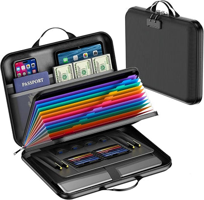 Fireproof Document Box with Lock, Waterproof Hard-Shell File Organizer with 13-Pocket Accordion Folder & Multi-Compartments for Laptop, Documents, Passports & Valuables
