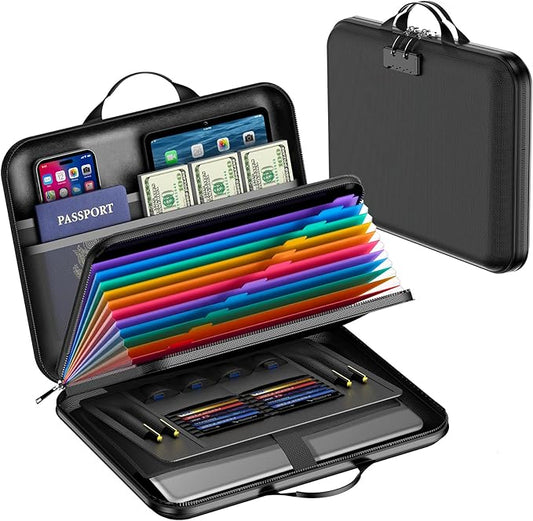 Fireproof Document Box with Lock, Waterproof Hard-Shell File Organizer with 13-Pocket Accordion Folder & Multi-Compartments for Laptop, Documents, Passports & Valuables