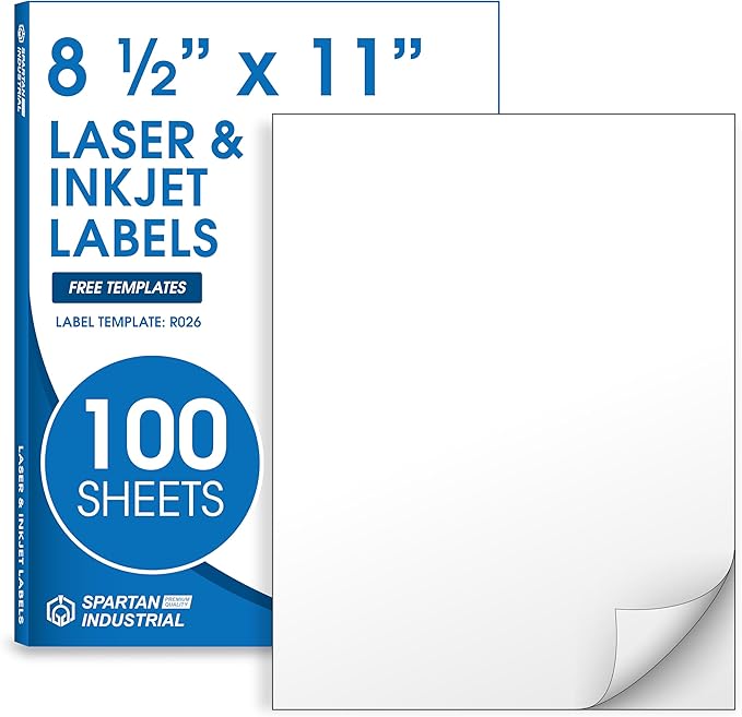 8.5" X 11" Matte White Full Sheet Labels (100 Sheets, 100 Stickers) Printable Sticker Paper for Laser & Inkjet Printers - Spartan Industrial Template R026 | Laser Inkjet Printer Labels - TrueDesk