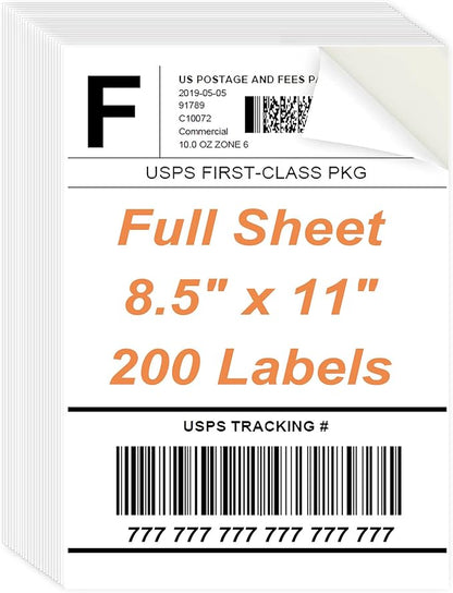 8.5 x 11 Sticker Paper for Inkjet Printer, 200 Sheets Full Sheet Printable White Sticker Paper for Laser Printing, Matte, All 200 Labels | Laser Inkjet Printer Labels - TrueDesk