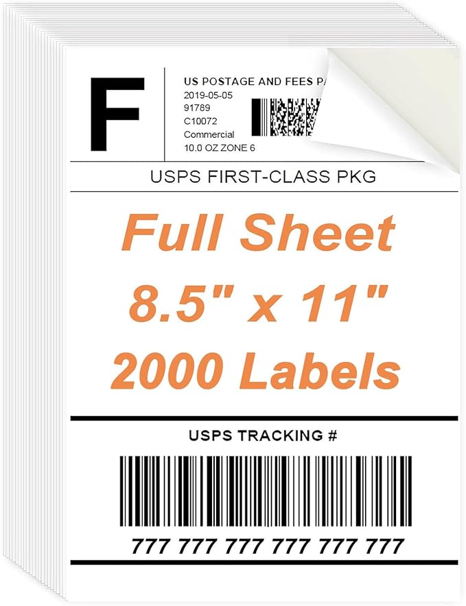 8.5" x 11" Sticker Paper for Inkjet Printers - 2000 Sheets Full Sheet Shipping Labels Printable Full Page Labels 8.5×11 White Sticker Paper for Laser Printing - Matte | Laser Inkjet Printer Labels - TrueDesk